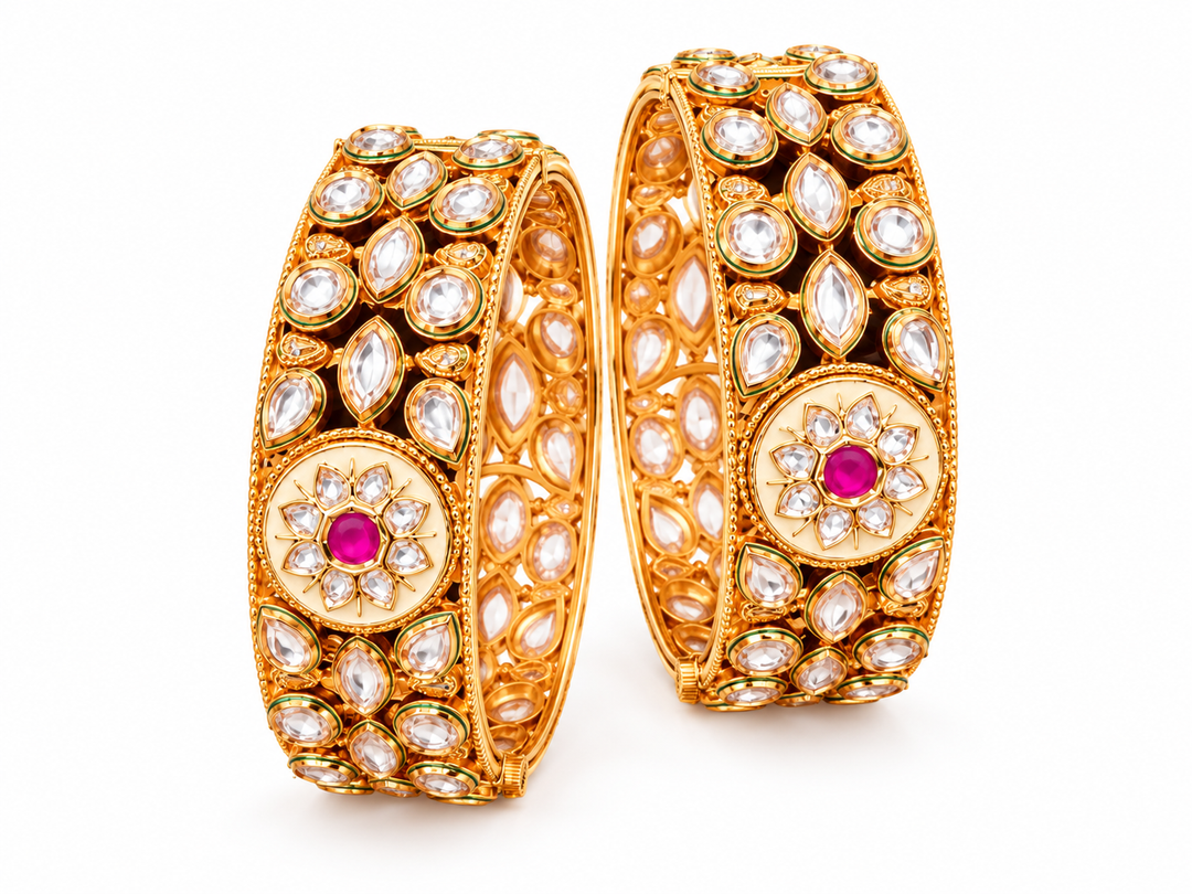 Polki Kundan Bangles with Pink Floral Medallions | GG-01