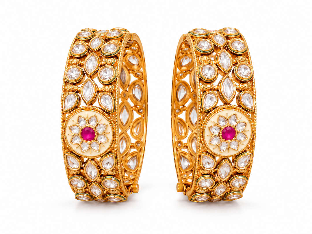 Polki Kundan Bangles with Pink Floral Medallions | GG-01