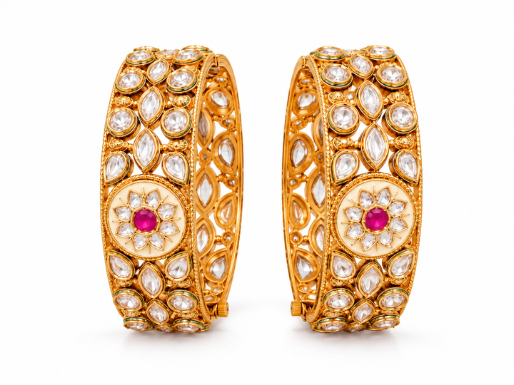 Polki Kundan Bangles with Pink Floral Medallions | GG-01