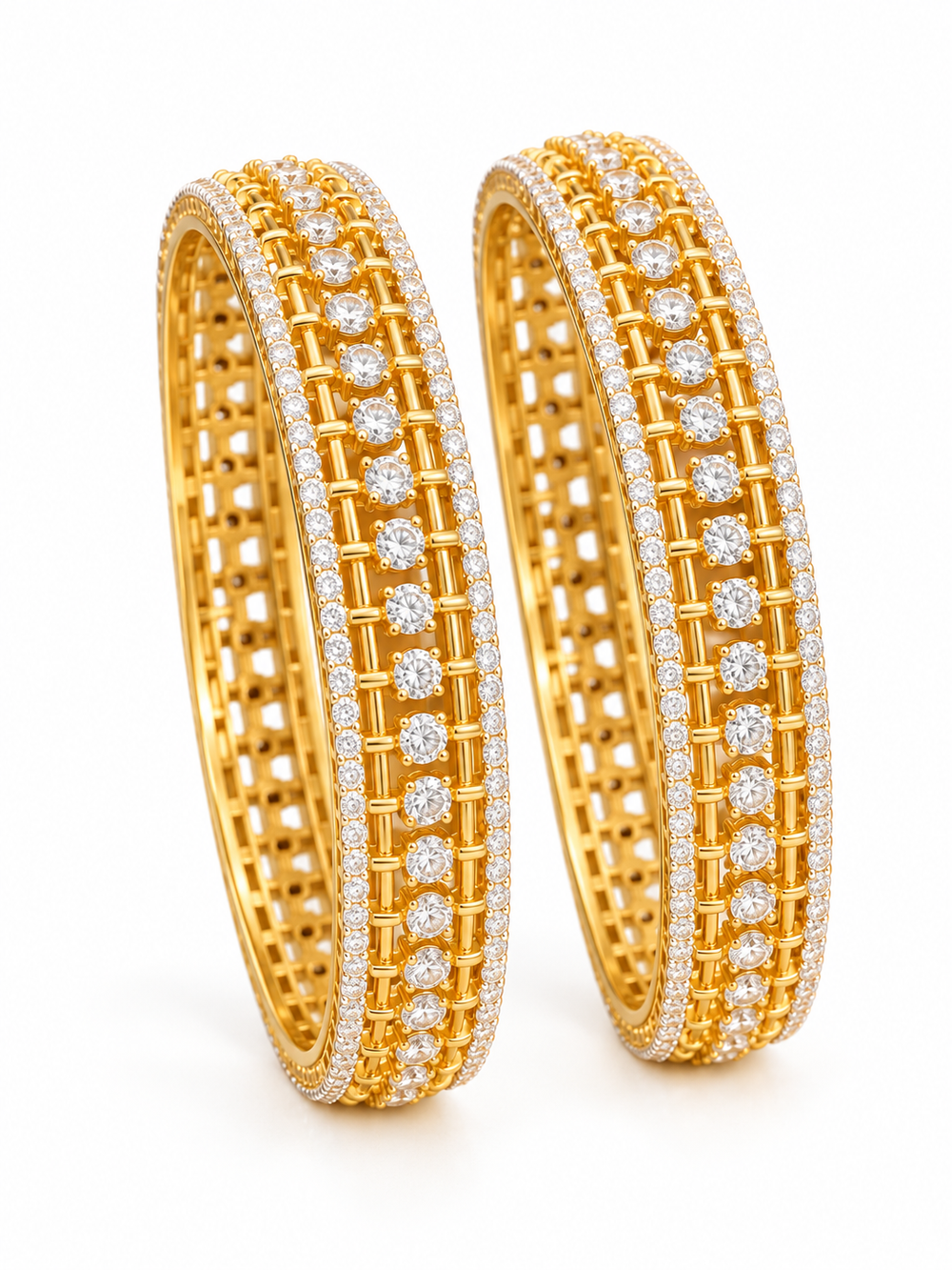 Gold Tone Lattice Bangles with Clear Round Stones | GG-06