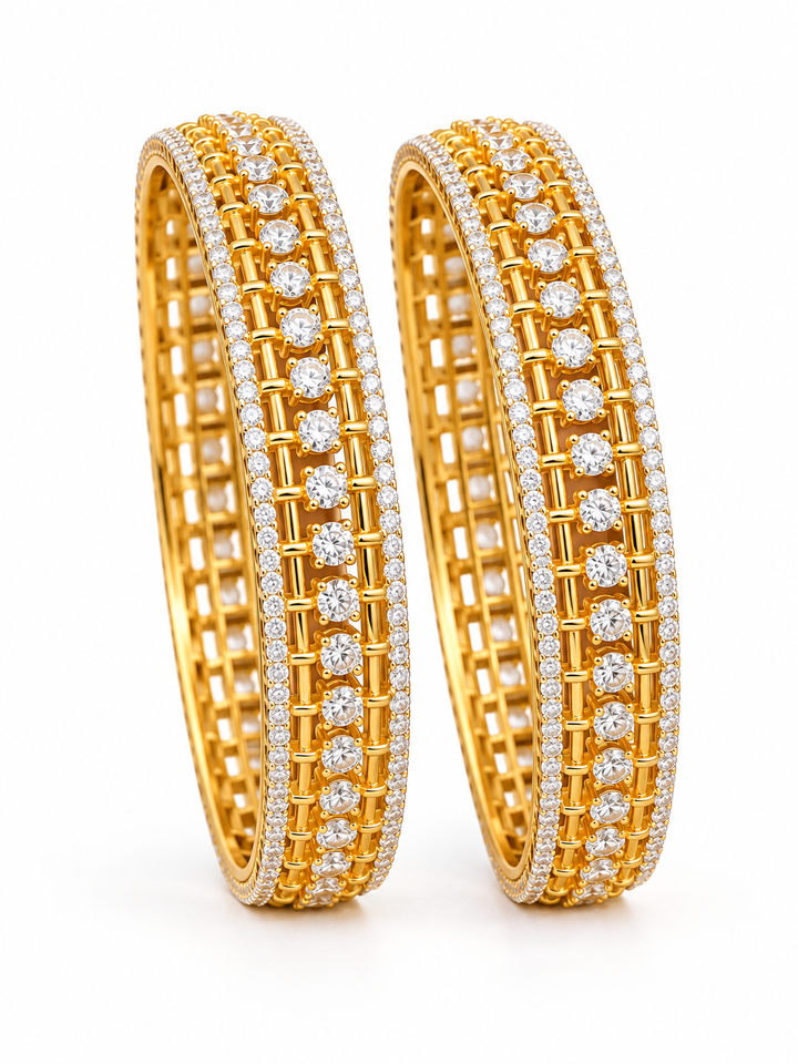 Gold Tone Lattice Bangles with Clear Round Stones | GG-06
