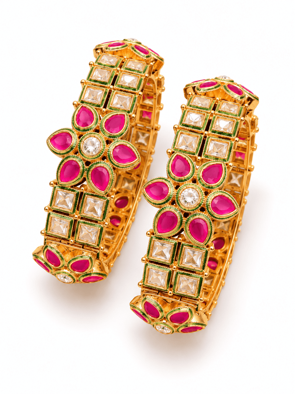 Polki Kundan Pink Stone Bangles with Floral Design | GG-02