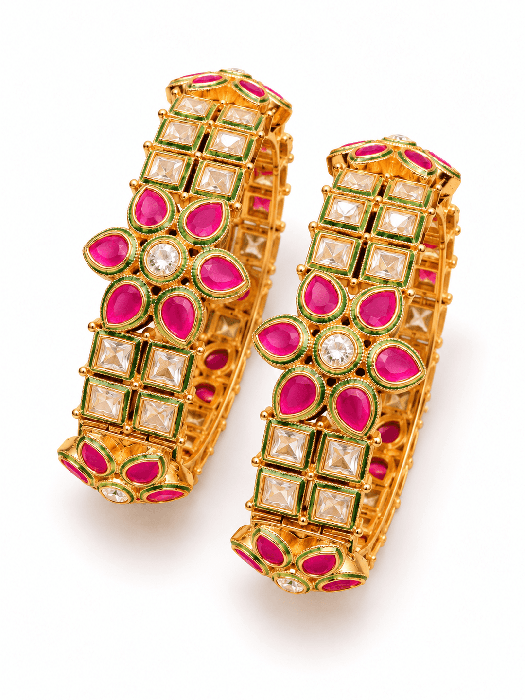 Polki Kundan Pink Stone Bangles with Floral Design | GG-02