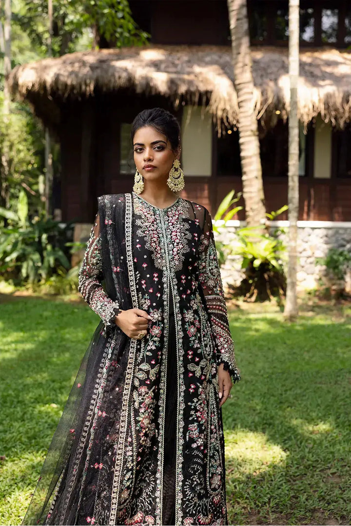AVINA-SRF25-02 - Saira Rizwan Dress in black organza with intricate floral embroidery and embellished dupatta, perfect for formal occasions.