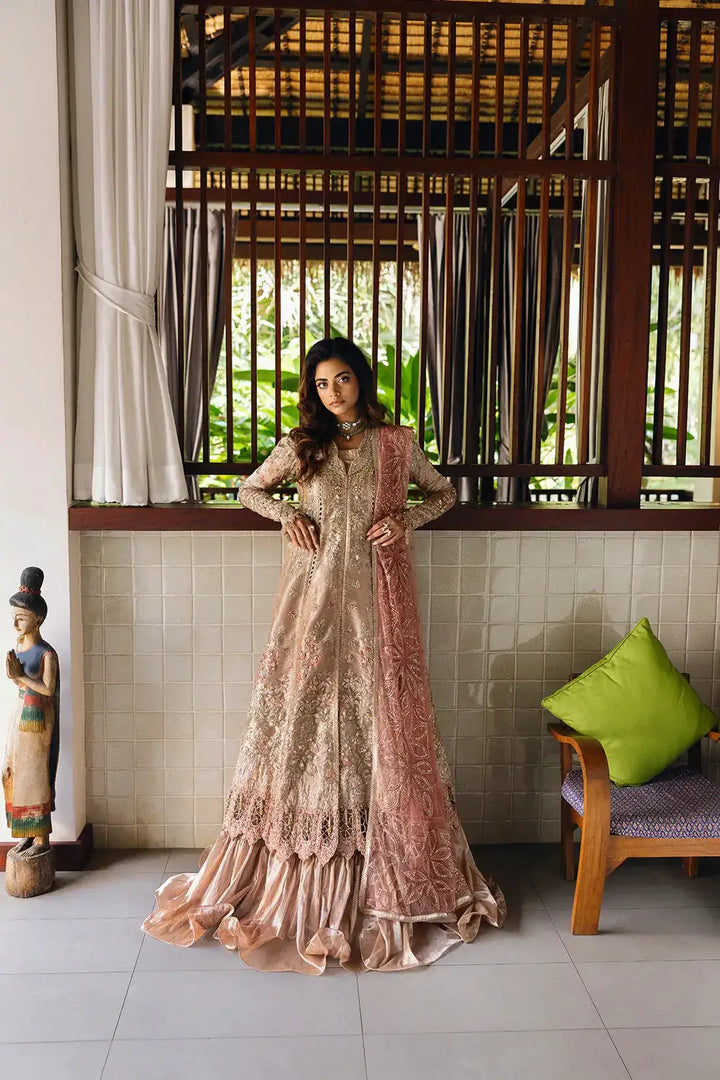 Full front view of ROHANA-SRF25-03 - Saira Rizwan's embroidered organza shirt with zari maxi and pink dupatta in luxury apparel styling.