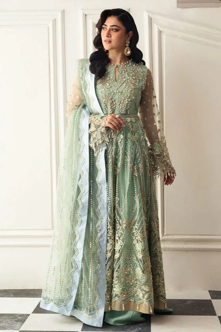MUSHQ Green Pistachio Dress - Formal Wear featuring intricate embroidery and sequins on net fabric with matching dupatta and flared silhouette.