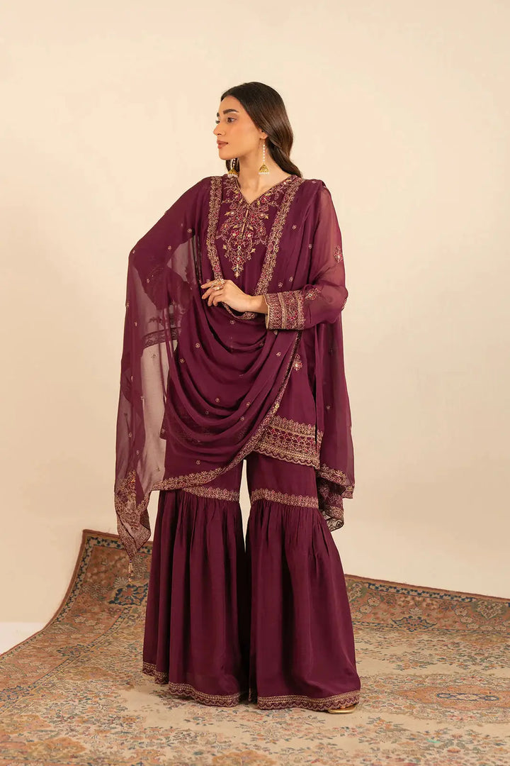 Elegant CHINYERE 3 Piece Chiffon Embroidered Suit with draped dupatta, showcasing traditional craftsmanship and festive appeal.