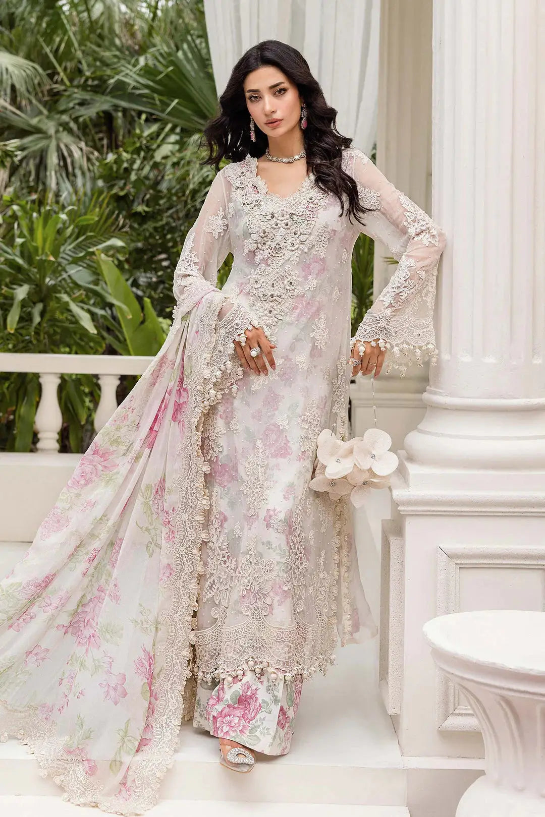 RANGREZA AL-4355 Pakistani party clothes featuring floral chiffon dupatta, thread, zari, and sequin work on a pastel silk shirt and bottom.