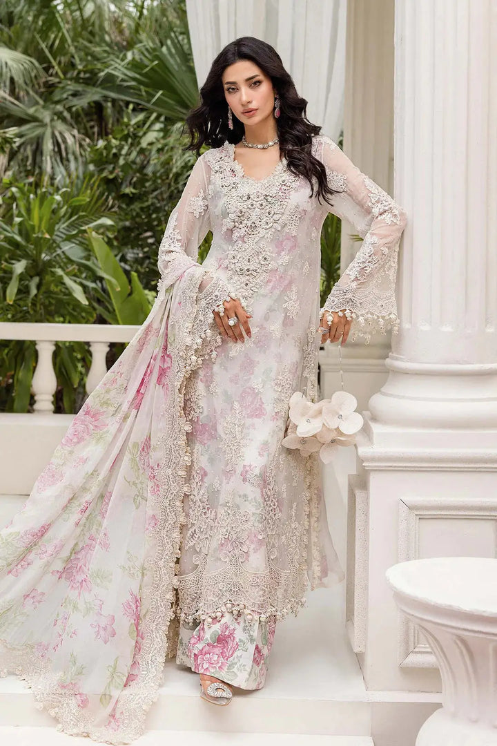 RANGREZA AL-4355 Pakistani party clothes featuring floral chiffon dupatta, thread, zari, and sequin work on a pastel silk shirt and bottom.