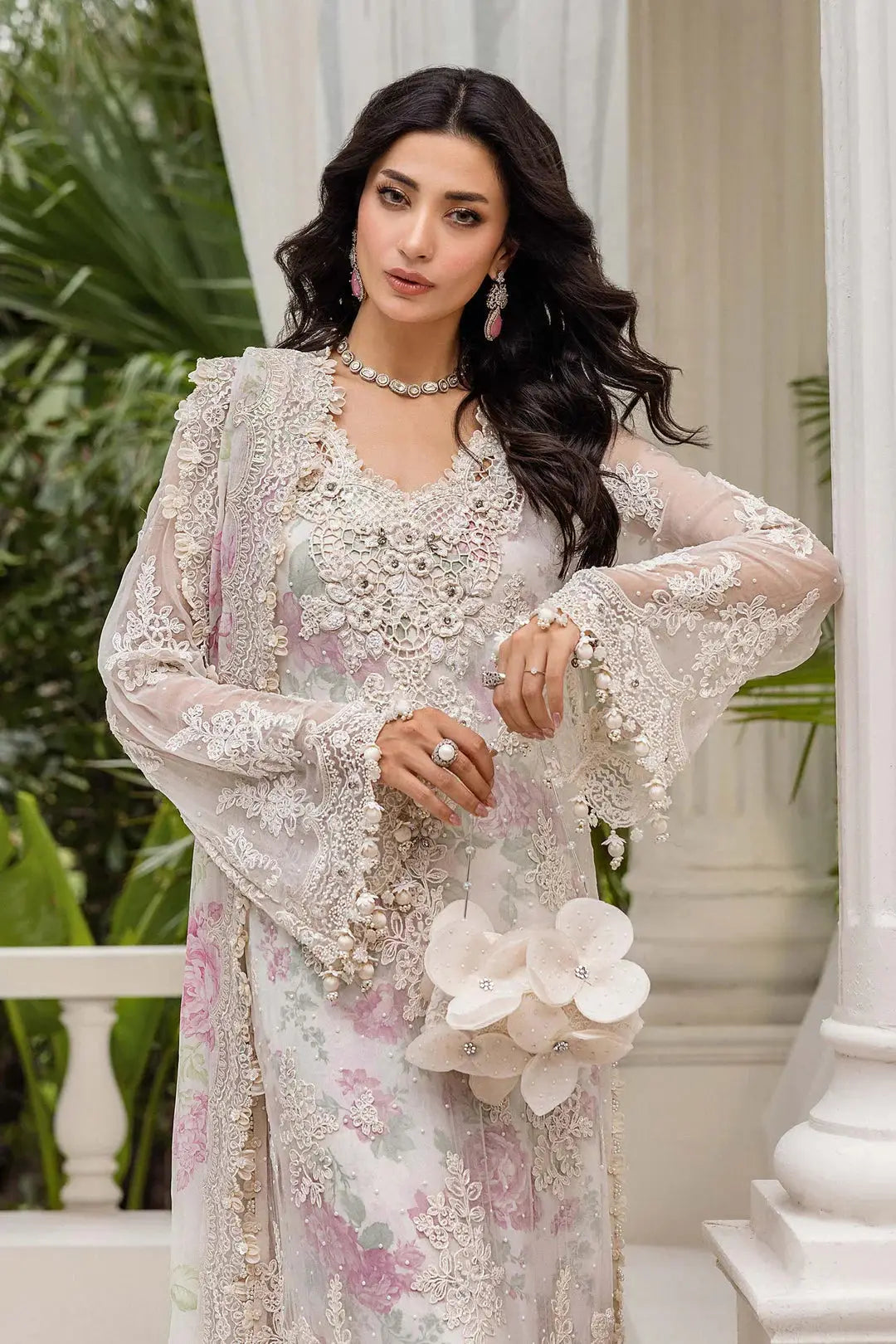 Detailed view of RANGREZA AL-4355 Pakistani party outfit with lace-trimmed sleeves, floral chiffon dupatta, and ornate neckline embroidery.