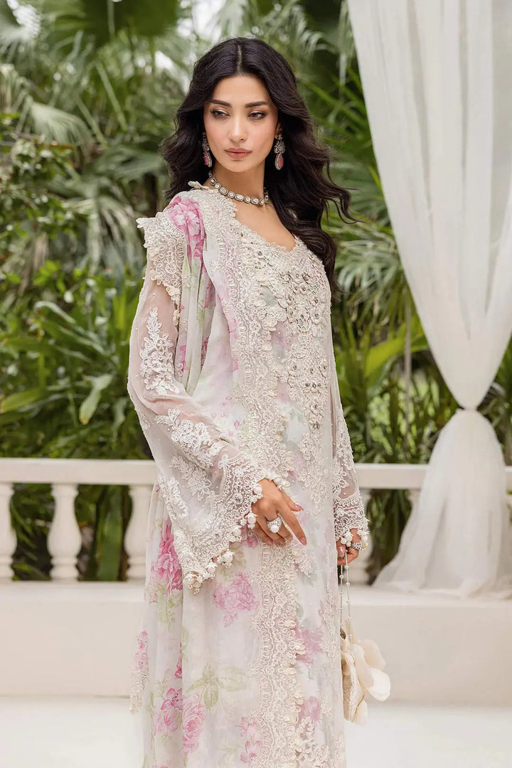 Side pose of RANGREZA AL-4355 highlighting elegant floral patterns, chiffon dupatta, and handcrafted embellishments ideal for festive occasions.