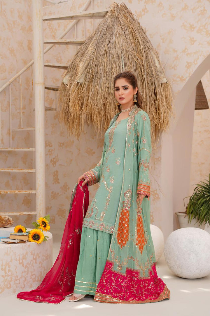 Full view of embroidered Pakistani dress with dupatta