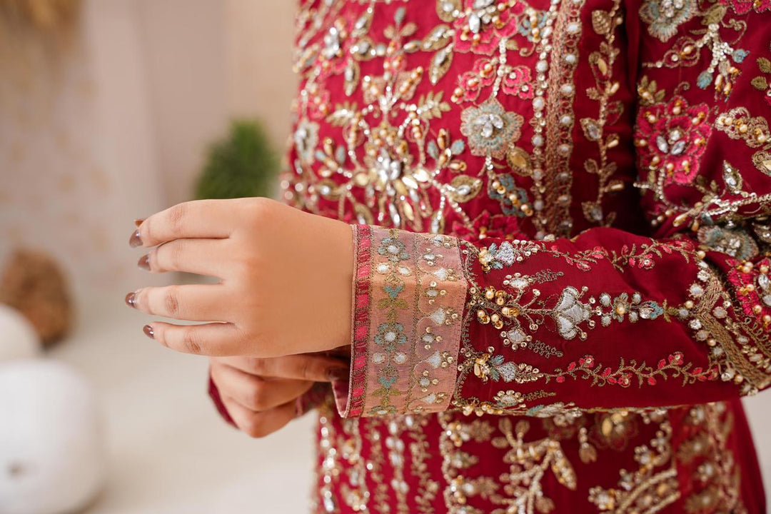 Close-up of sleeve embroidery on Rangreza Sajni RS-3321 dress.