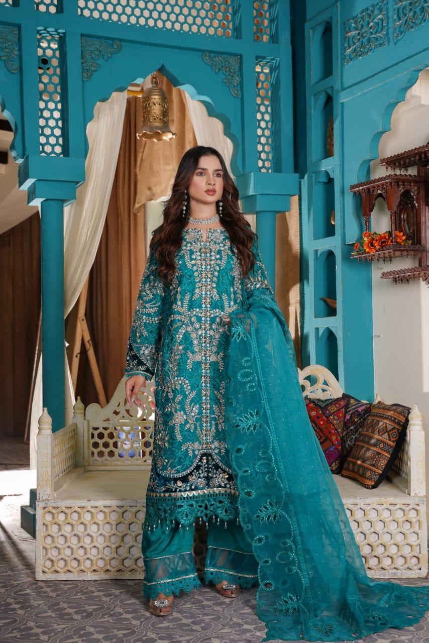 Elegant Pakistani dress RANGREZA SAJNI 3314 in teal