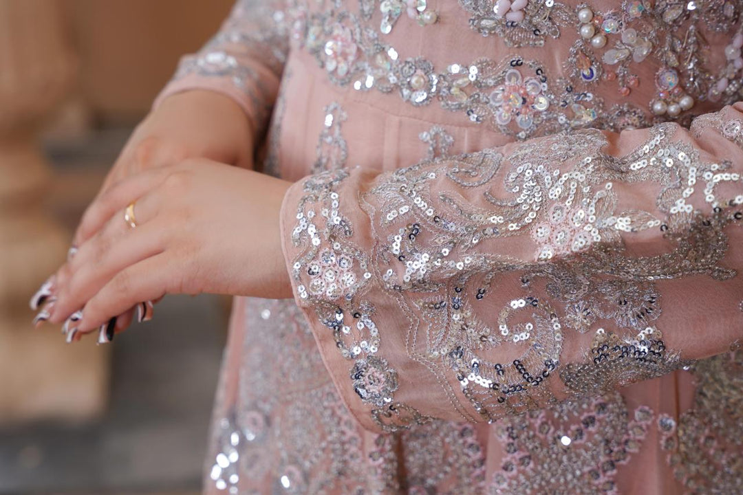 Detailed sleeve embroidery on Pakistani wedding dress