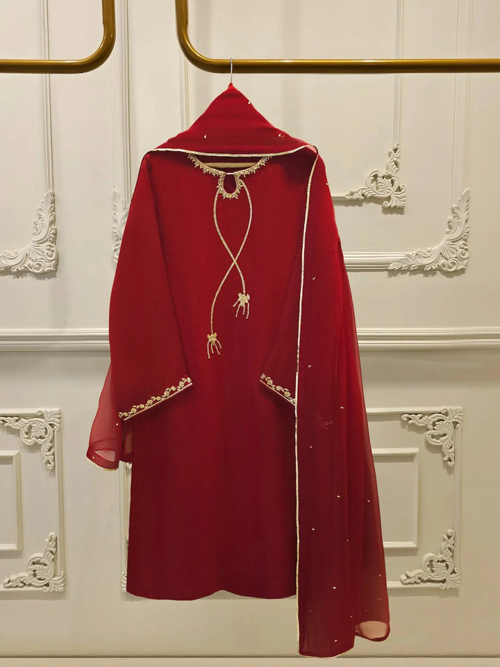 AGHA NOOR Embroidered Suit - USA | Cotton Elegance in deep red with gold embroidery, featuring shirt, pants, and dupatta for formal wear.