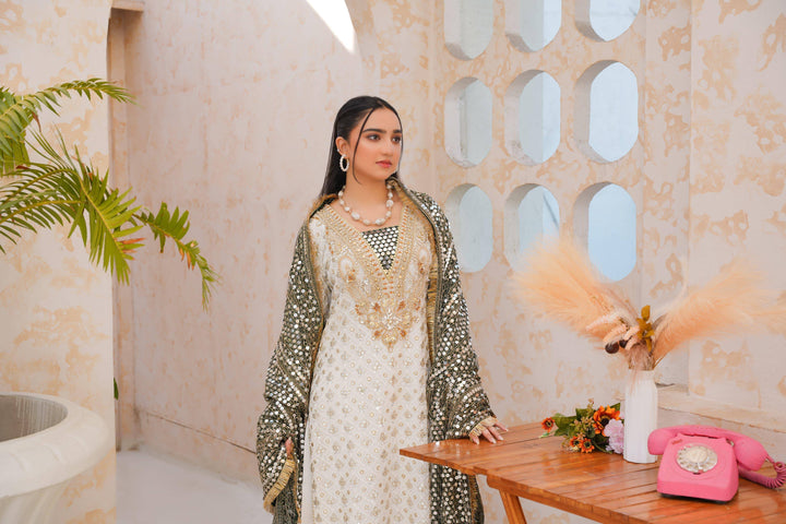 RANGREZA SAJNI Pakistani party wear styled with pearl jewelry and mirrorwork dupatta, ideal for festive gatherings.