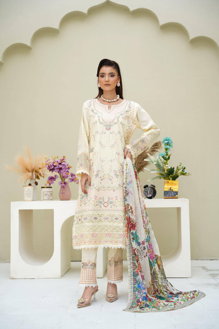 Rangreza Sajni Formal Pakistani Clothes | Skin Lawn outfit featuring embroidered shirt, pants, and floral dupatta in a front pose.