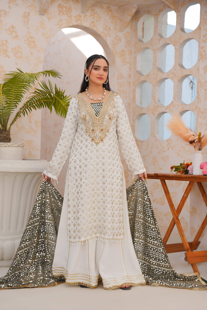 RANGREZA SAJNI - Pakistani Party Wear featuring a white embroidered shirt, flared pants, and a mirrorwork dupatta. Ideal for festive occasions.