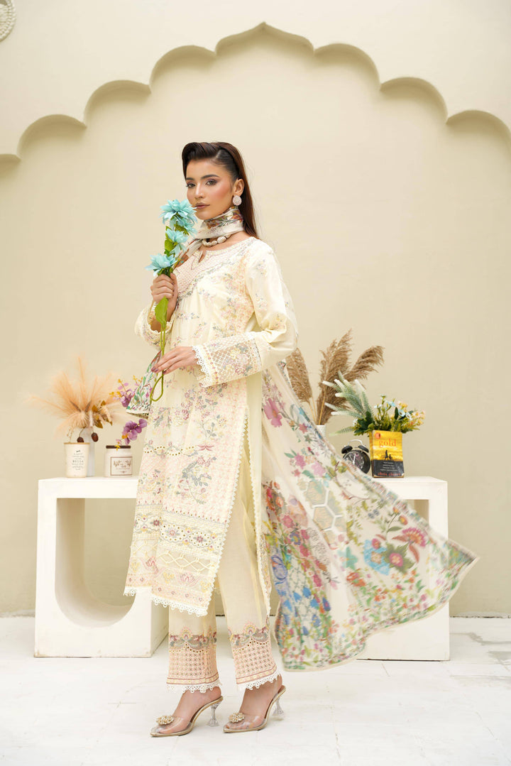 Side pose of Rangreza Sajni Formal Pakistani Clothes | Skin Lawn showcasing flowing floral dupatta and detailed embroidery on shirt.