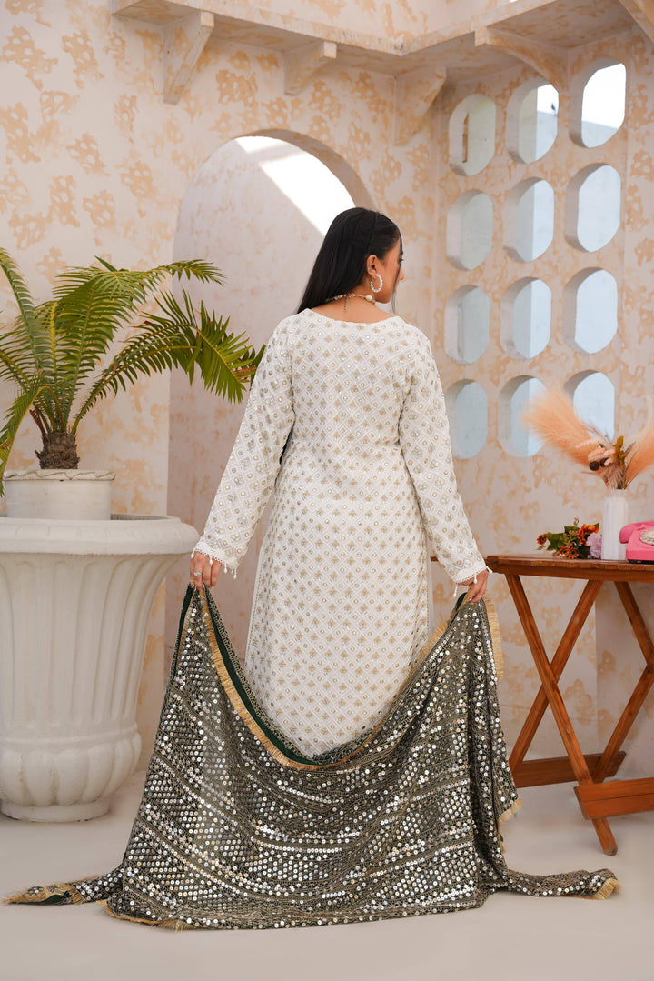 Back view of RANGREZA SAJNI Pakistani party wear showcasing detailed embroidery and full-length mirrorwork dupatta.