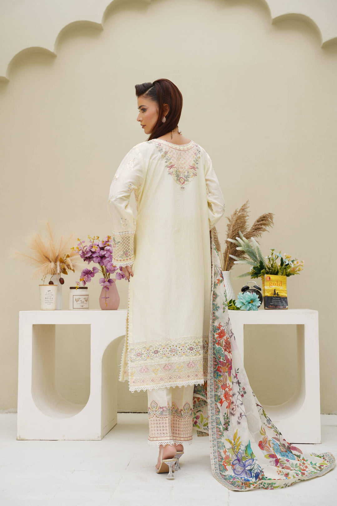 Back view of Rangreza Sajni Formal Pakistani Clothes | Skin Lawn with intricate embroidery and printed dupatta in a traditional design.