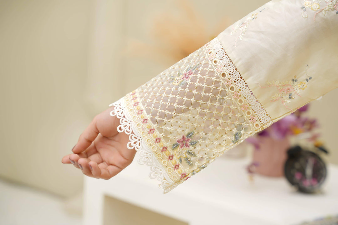 Close-up of sleeve design in Rangreza Sajni Formal Pakistani Clothes | Skin Lawn featuring net lace and pastel floral embroidery.