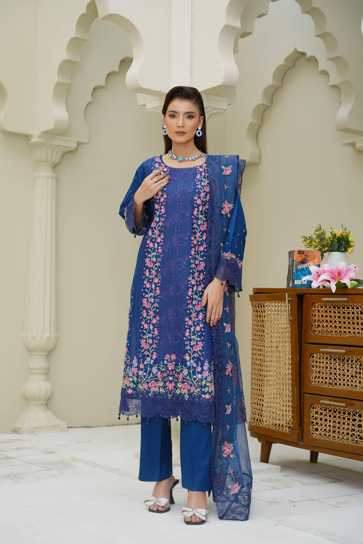 RANGREZA SAJNI RS-3518-1000 Pakistani suits dress in blue with floral embroidery, featuring shirt, pants, and dupatta for festive elegance.