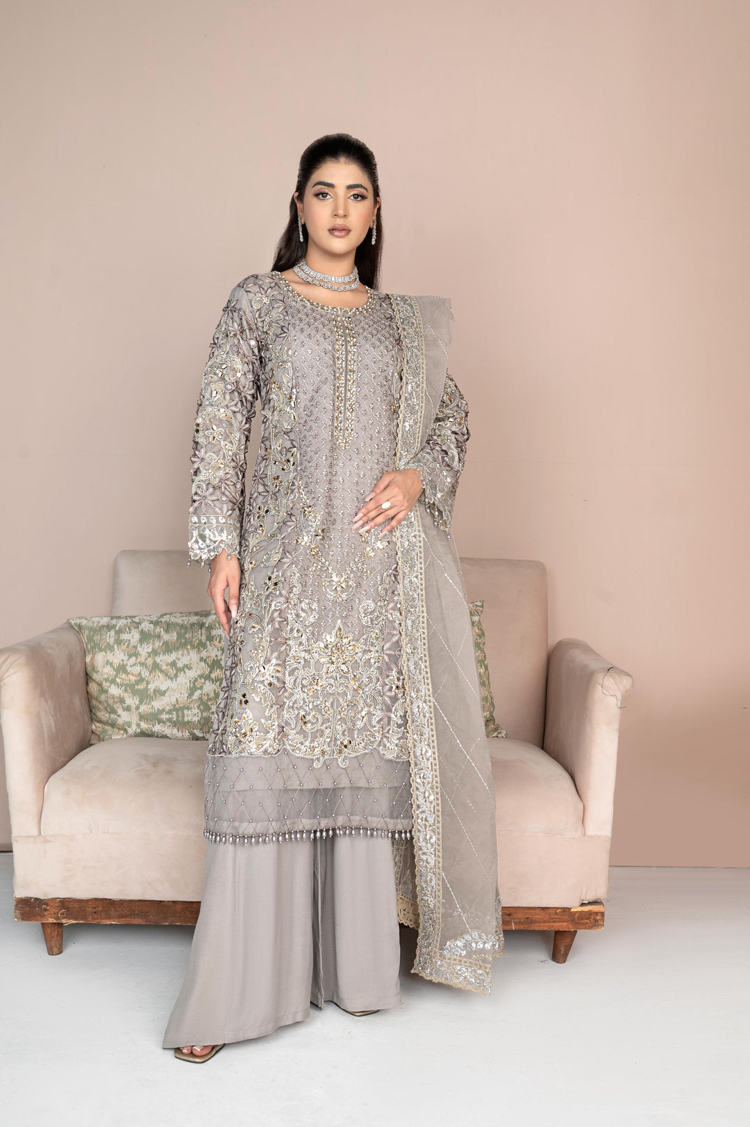 tissue organza dress pakistani Elegant Lilac Organza Pishwas with Intricate Embellishments and Flared Tissue Lehenga
