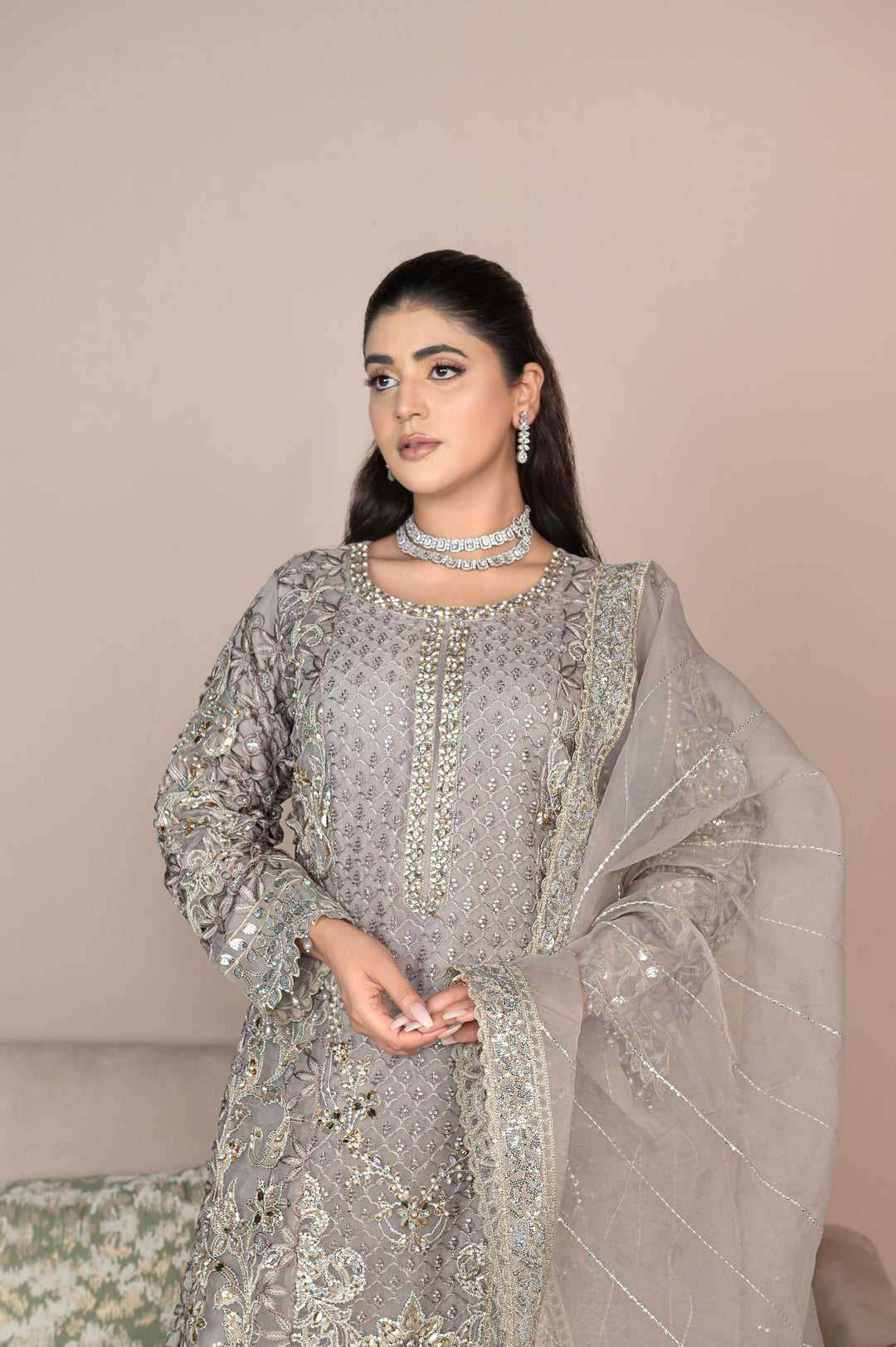 Close-up of RANGREZA SAJNI RS-3528-1300 grey organza shirt with mirror work and embroidery, styled with matching dupatta. Pakistani designer clothing.
