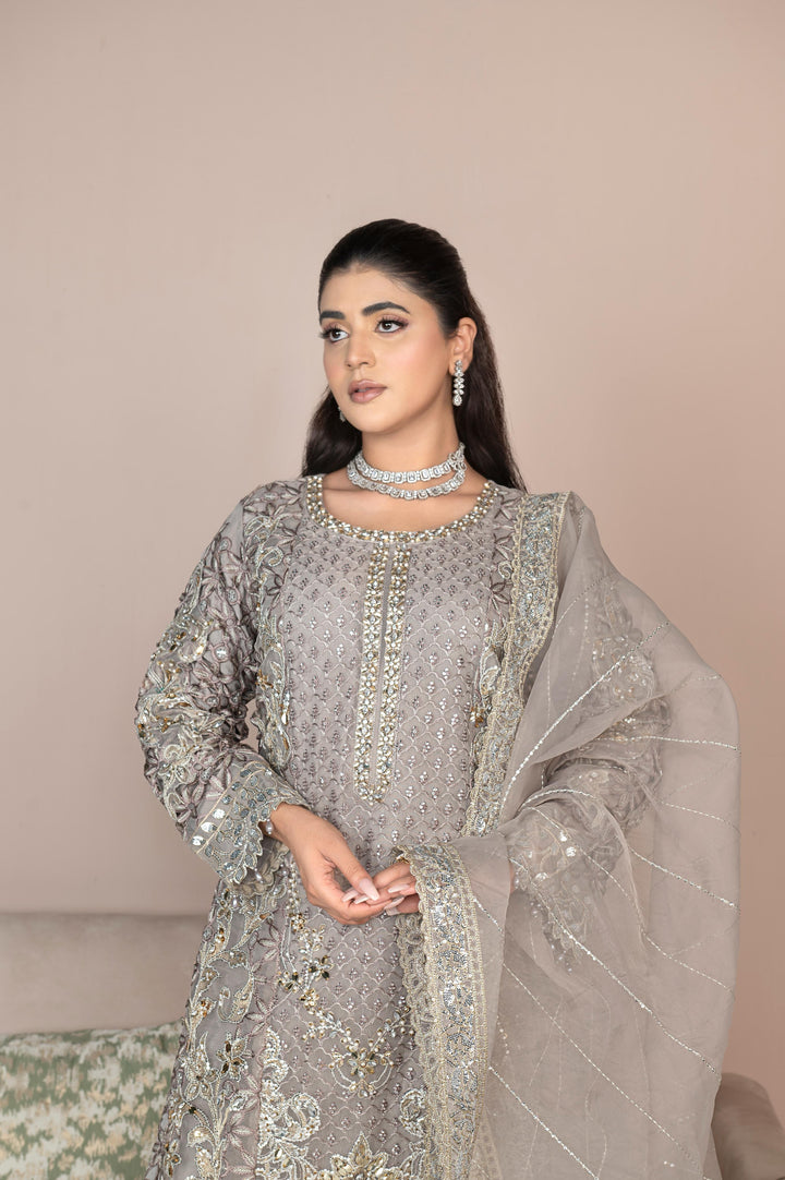 Close-up of RANGREZA SAJNI RS-3528-1300 grey organza shirt with mirror work and embroidery, styled with matching dupatta. Pakistani designer clothing.