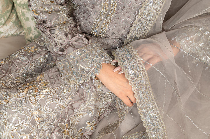 Detailed embroidery on sleeve and dupatta of RANGREZA SAJNI RS-3528-1300 in grey organza. Premium Pakistani designer apparel.