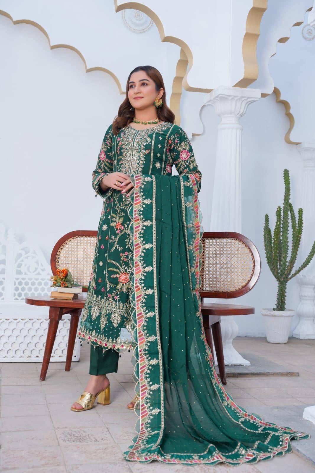 Elegant RANGREZA SAJNI festive dress with floral embroidery and embellished dupatta, ideal for traditional Pakistani celebrations.