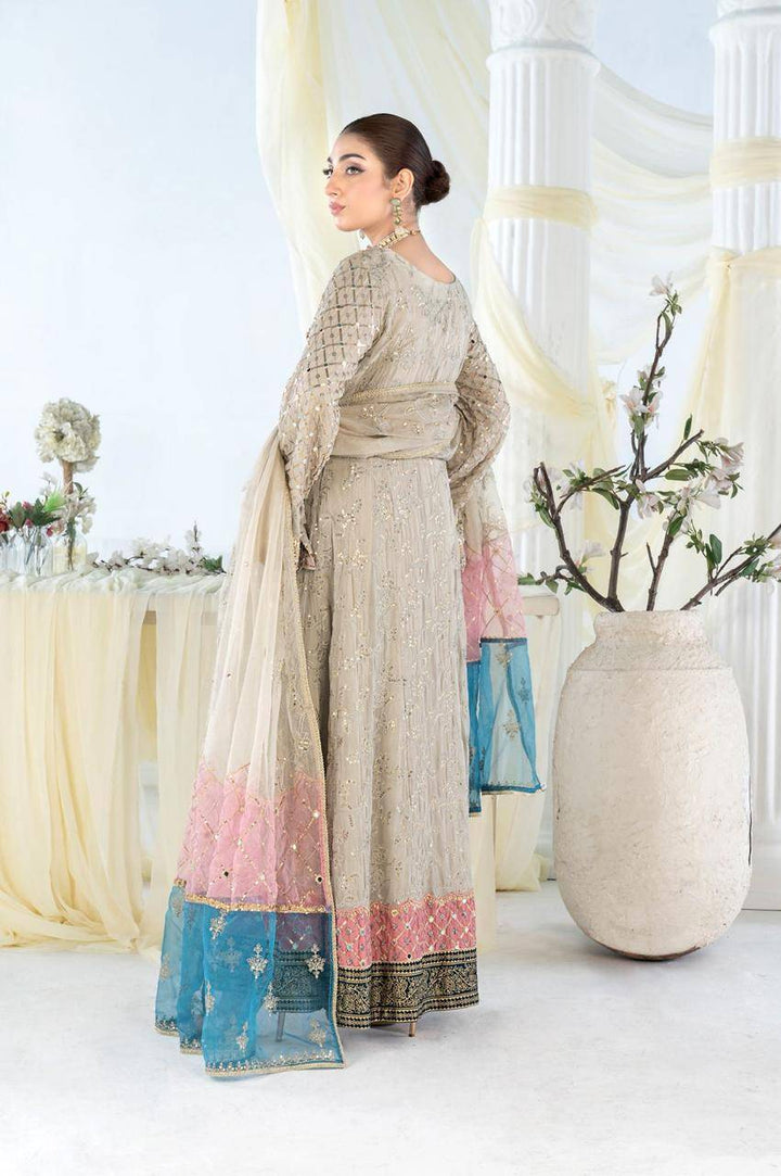 Back view of RANGREZA SAJNI RS-3526-1500 showcasing detailed embroidery on chiffon shirt and multicolor organza dupatta in Pakistani apparel.