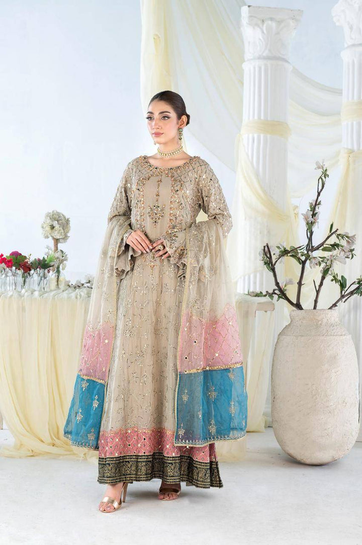 RANGREZA SAJNI RS-3526-1500 chiffon shirt with embroidered organza dupatta in beige, pink, and blue for women Pakistani fashion trends.