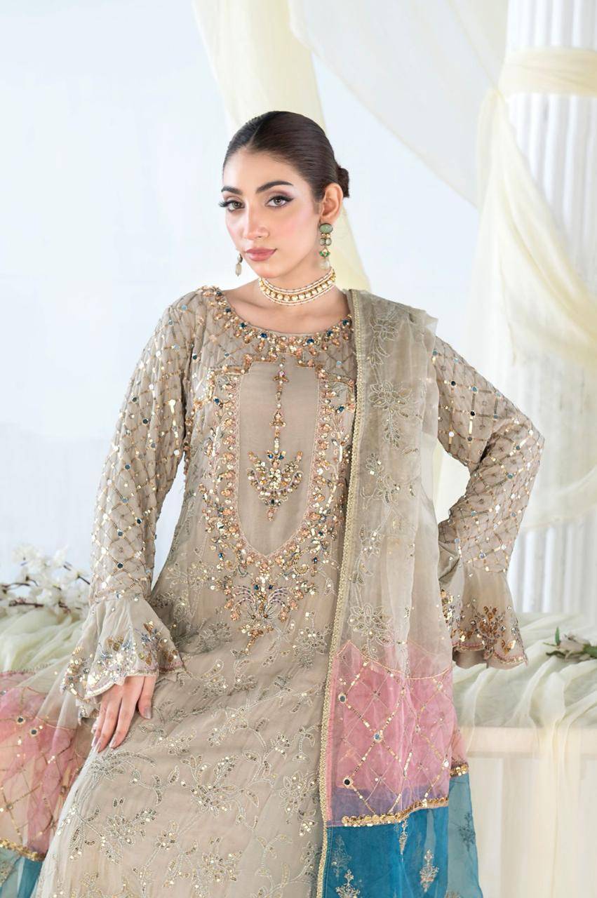 Close-up of RANGREZA SAJNI RS-3526-1500 featuring intricate tilla embroidery on chiffon shirt with organza dupatta for women Pakistani clothing.