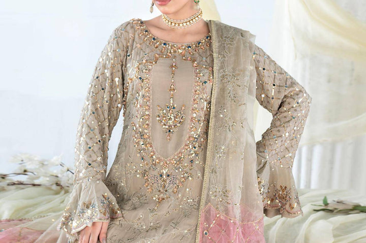 Detailed neckline and sleeve embroidery of RANGREZA SAJNI RS-3526-1500 chiffon shirt paired with pastel organza dupatta in Pakistani fashion.