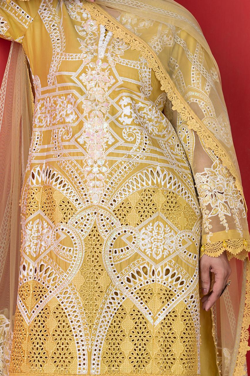 Detailed embroidery pattern on RANGREZA SAJNI RS-3503-1200 yellow shirt with white threadwork and lace accents, Pakistani dress.