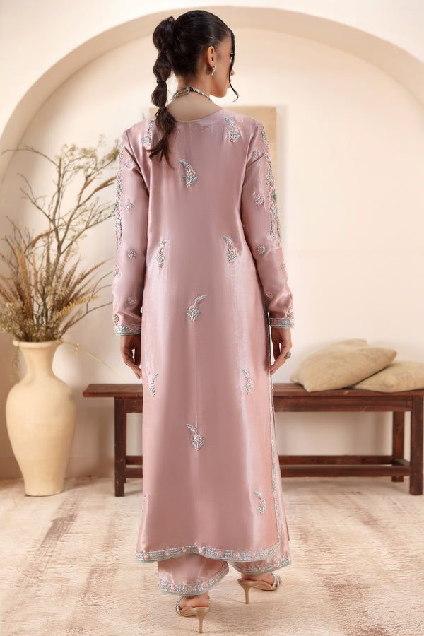 Back view of Sarosh Salman pink raw silk dress with delicate embroidery, showcasing elegant craftsmanship for formal and festive occasions.