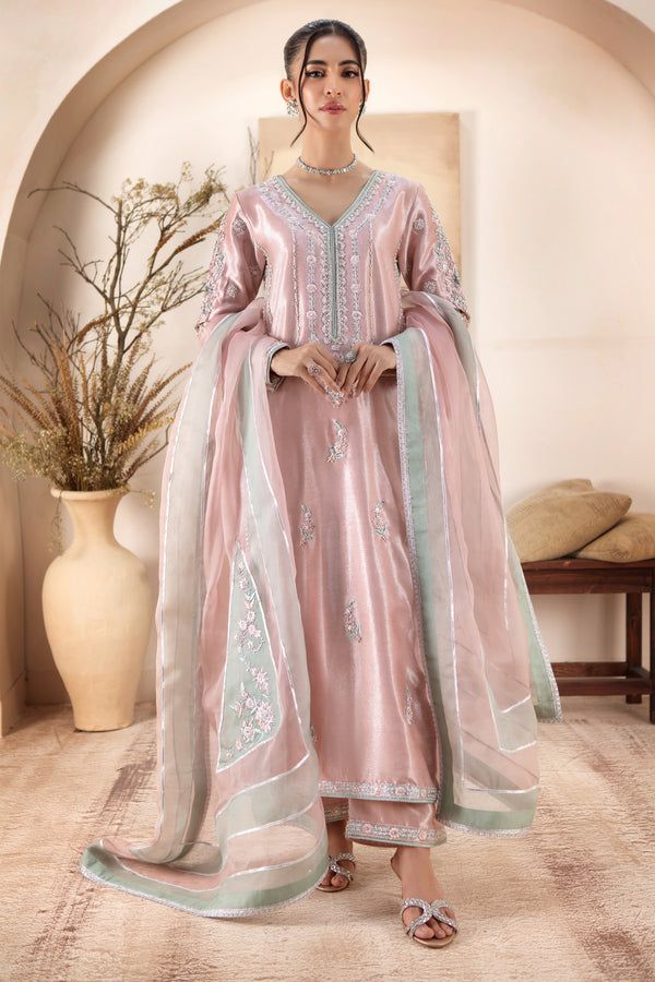 Sarosh Salman pink raw silk stitched shirt with dupatta featuring pearl, dabka, and sequin handwork, ideal for weddings and festive wear.