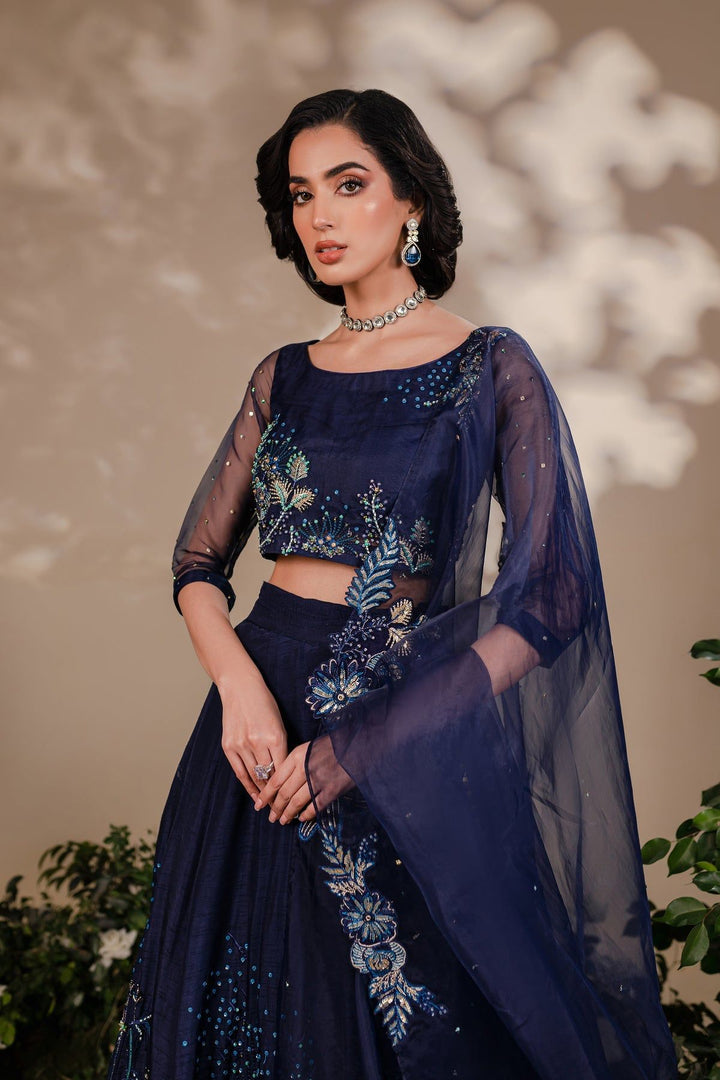 Detailed view of Batik Arden 3 Piece top featuring sheer sleeves and intricate floral embroidery on navy blue organza fabric.