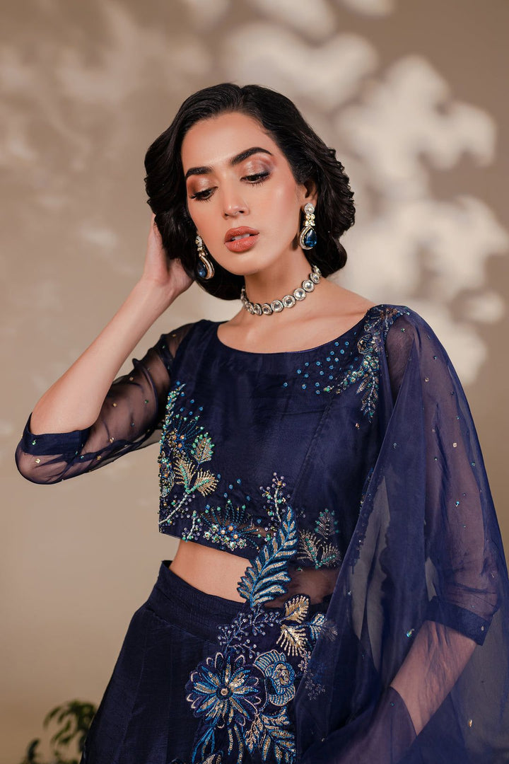 Model in Batik Arden 3 Piece dress highlighting embroidered choli and matching earrings, styled with sheer navy dupatta.