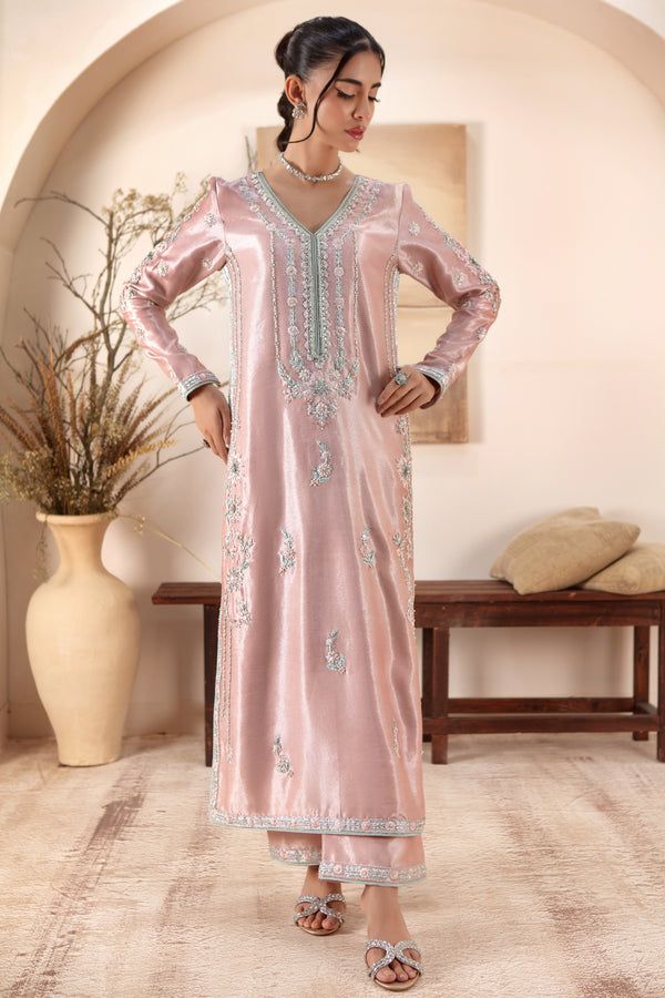 Front view of Sarosh Salman pink stitched shirt and dupatta set with traditional embroidery, designed for elegant wedding and festive wear.