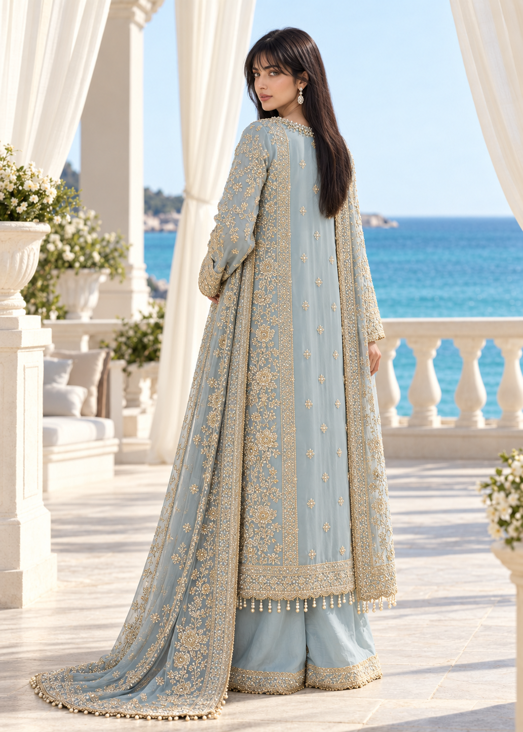 SKY BLUE 3 Piece Embroidered Organza Suit | AL-3881-16