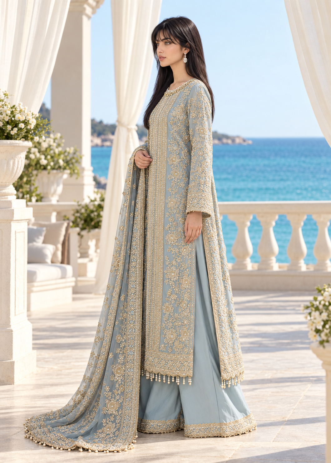 SKY BLUE 3 Piece Embroidered Organza Suit | AL-3881-16