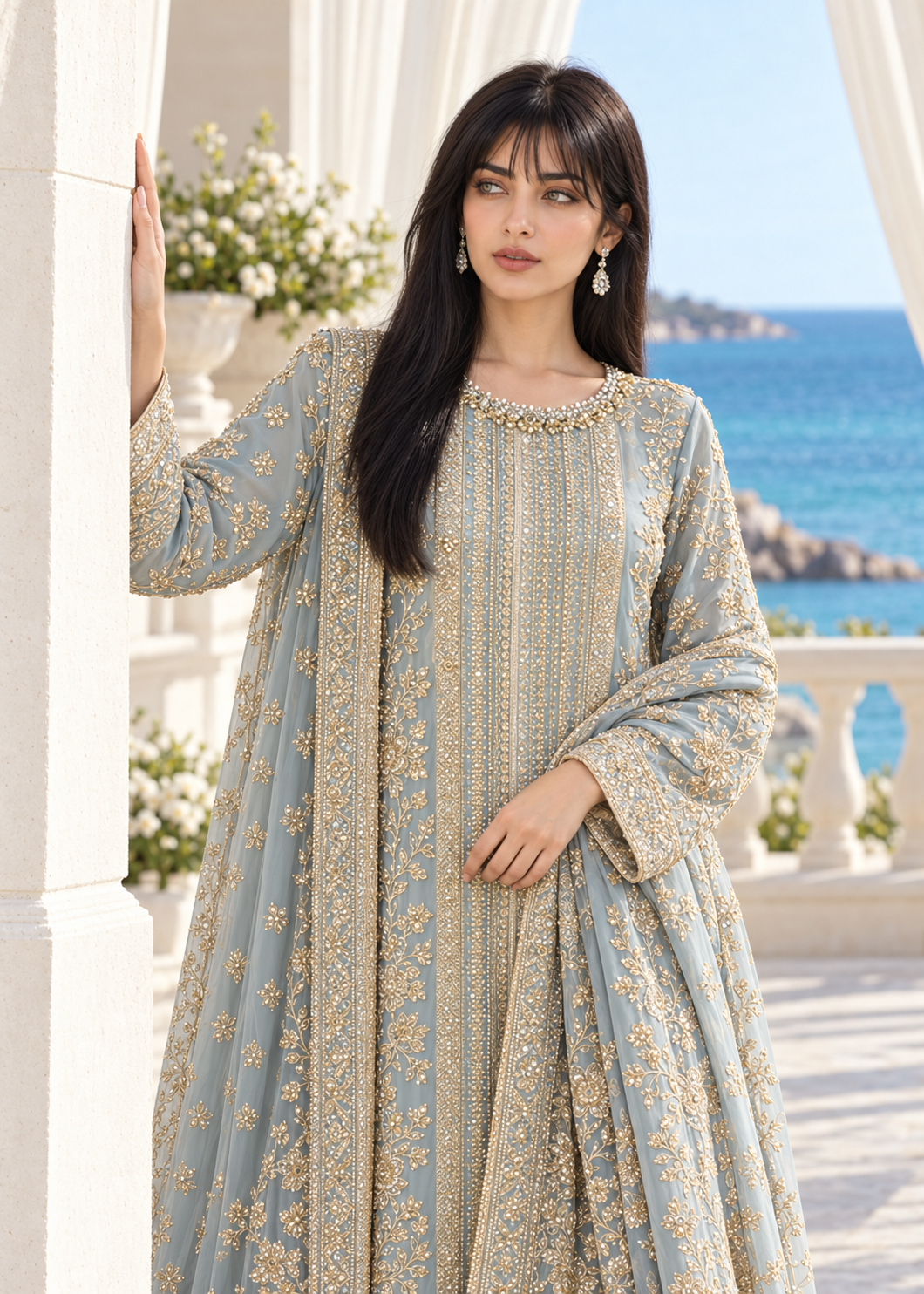 SKY BLUE 3 Piece Embroidered Organza Suit | AL-3881-16
