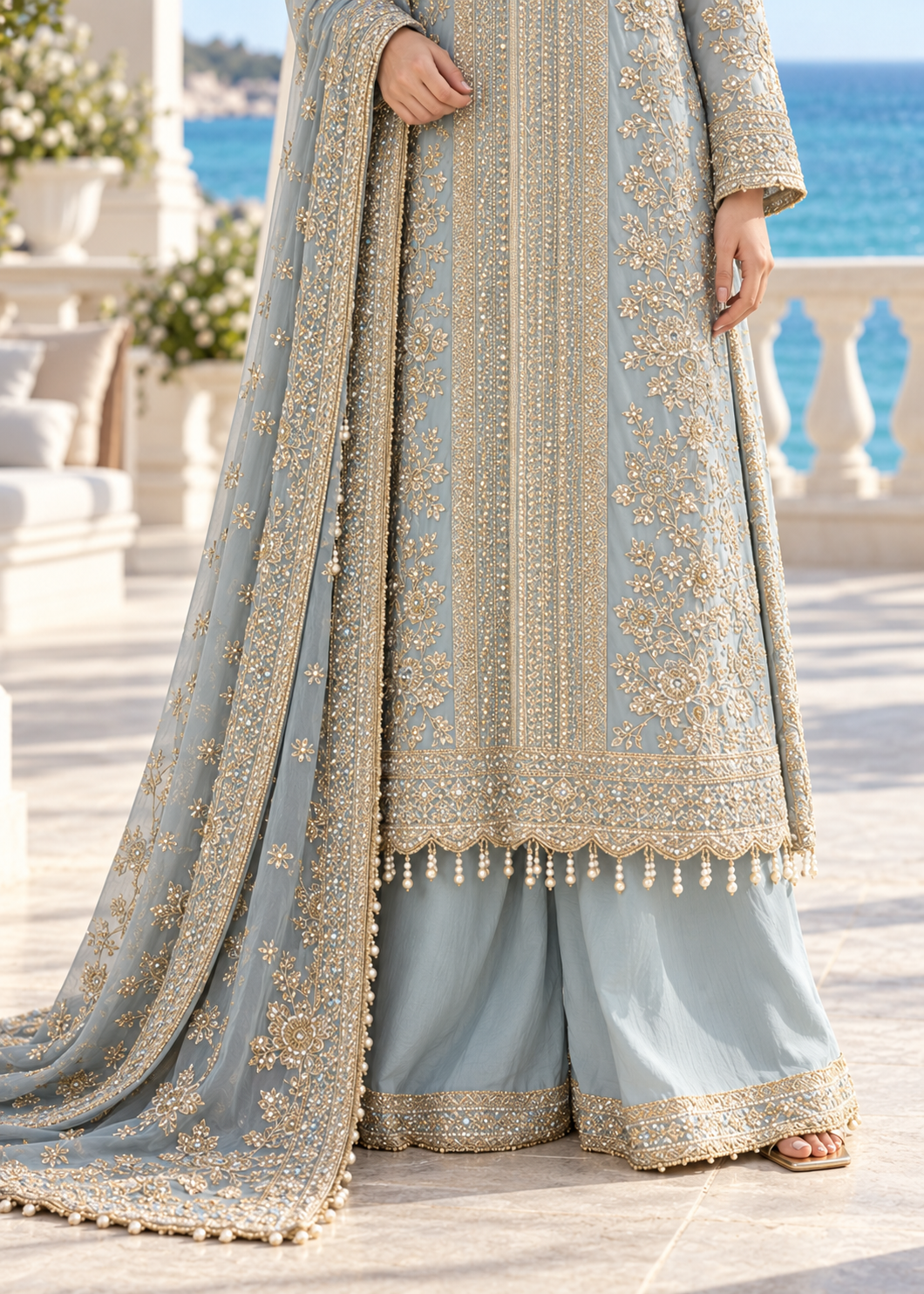 SKY BLUE 3 Piece Embroidered Organza Suit | AL-3881-16