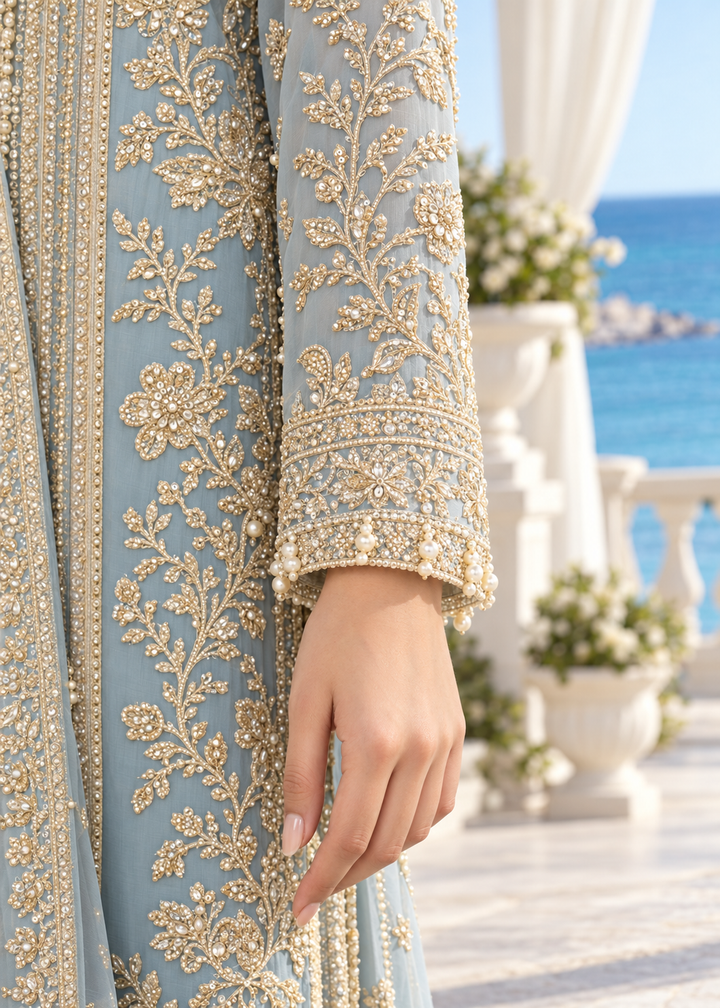 SKY BLUE 3 Piece Embroidered Organza Suit | AL-3881-16