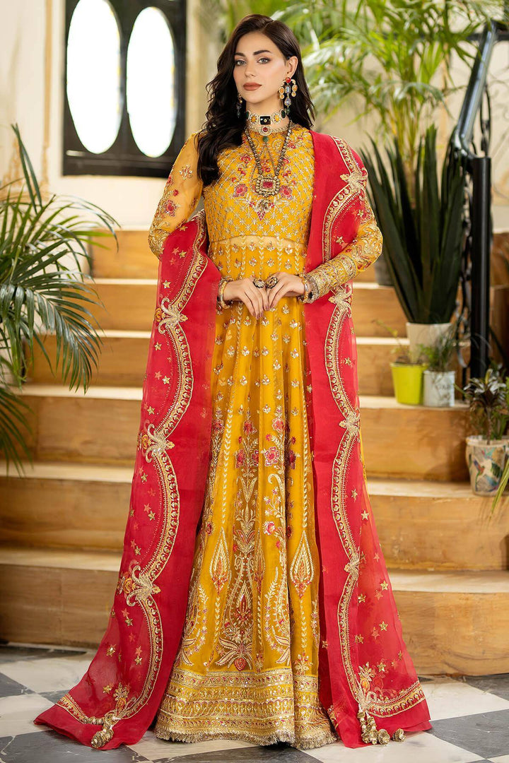 Elegant Pakistani yellow gown dress with red dupatta