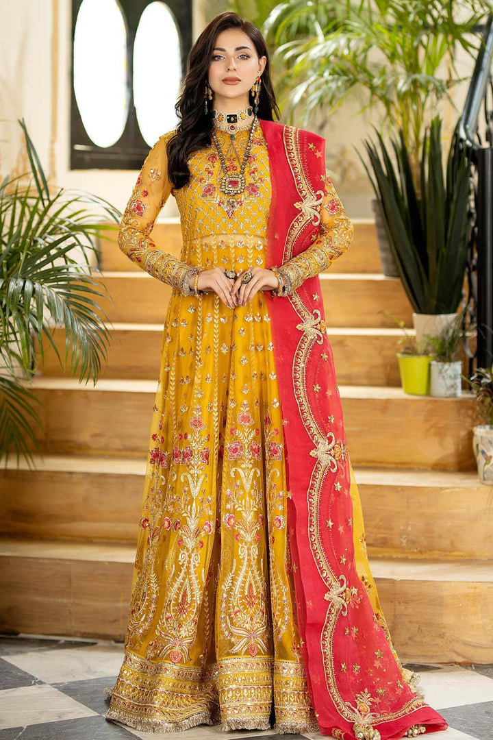 Full view of yellow gown with red dupatta, elegant design